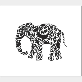 Flourish Elephant in Black Posters and Art